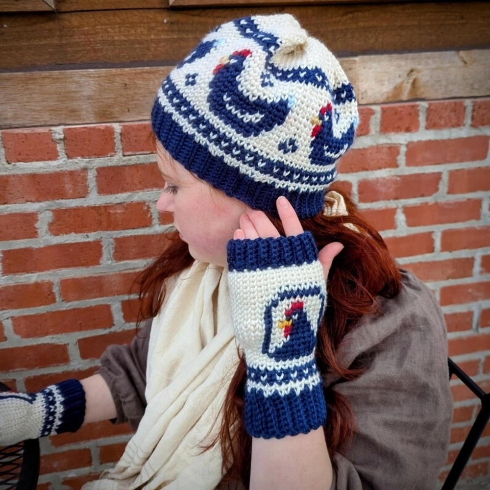 Navy and Cream Kids Knit Hat and Mittens Set
